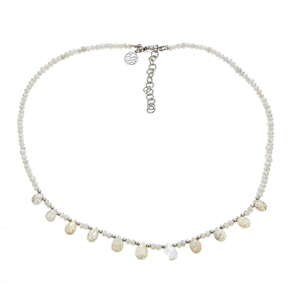Silverite Briolette Sterling Silver Rhodium 16 Inch with 2 Inch Extender Gemstone Beaded Statement Necklace, christmas jewelry gift for wife, girlfriend