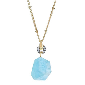 Larimar Gemstone Long Pendant Necklace 16 Inch Chain Sterling Silver Gold Plated with 2 Inch Extender, statement necklace