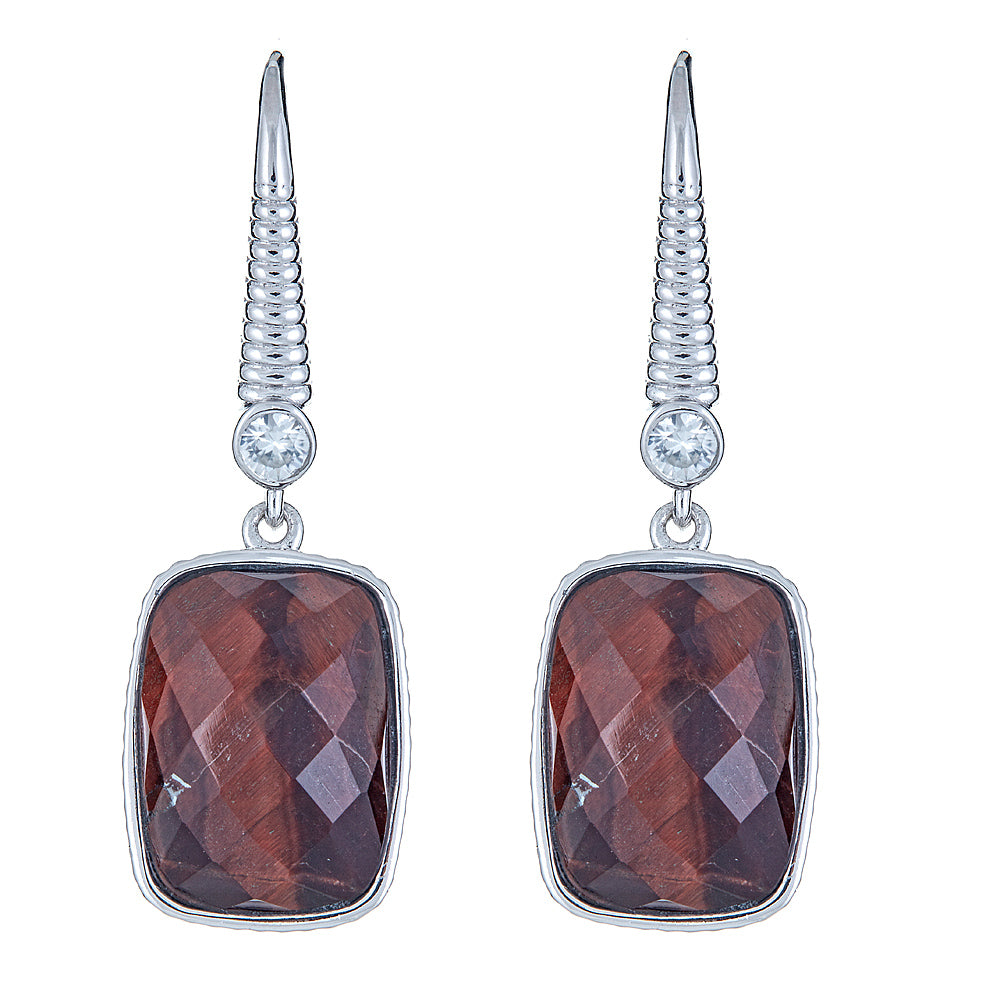 6423 - Red Tiger Eye with Natural Zircon Sterling Silver Rhodium Earrings - Hilary Joy Couture