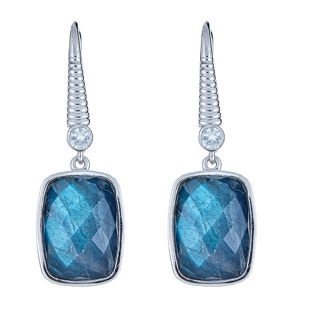 6423 -  Labradorite-Onyx Doublet with Natural Zircon Sterling Silver Rhodium Earrings - Hilary Joy Couture