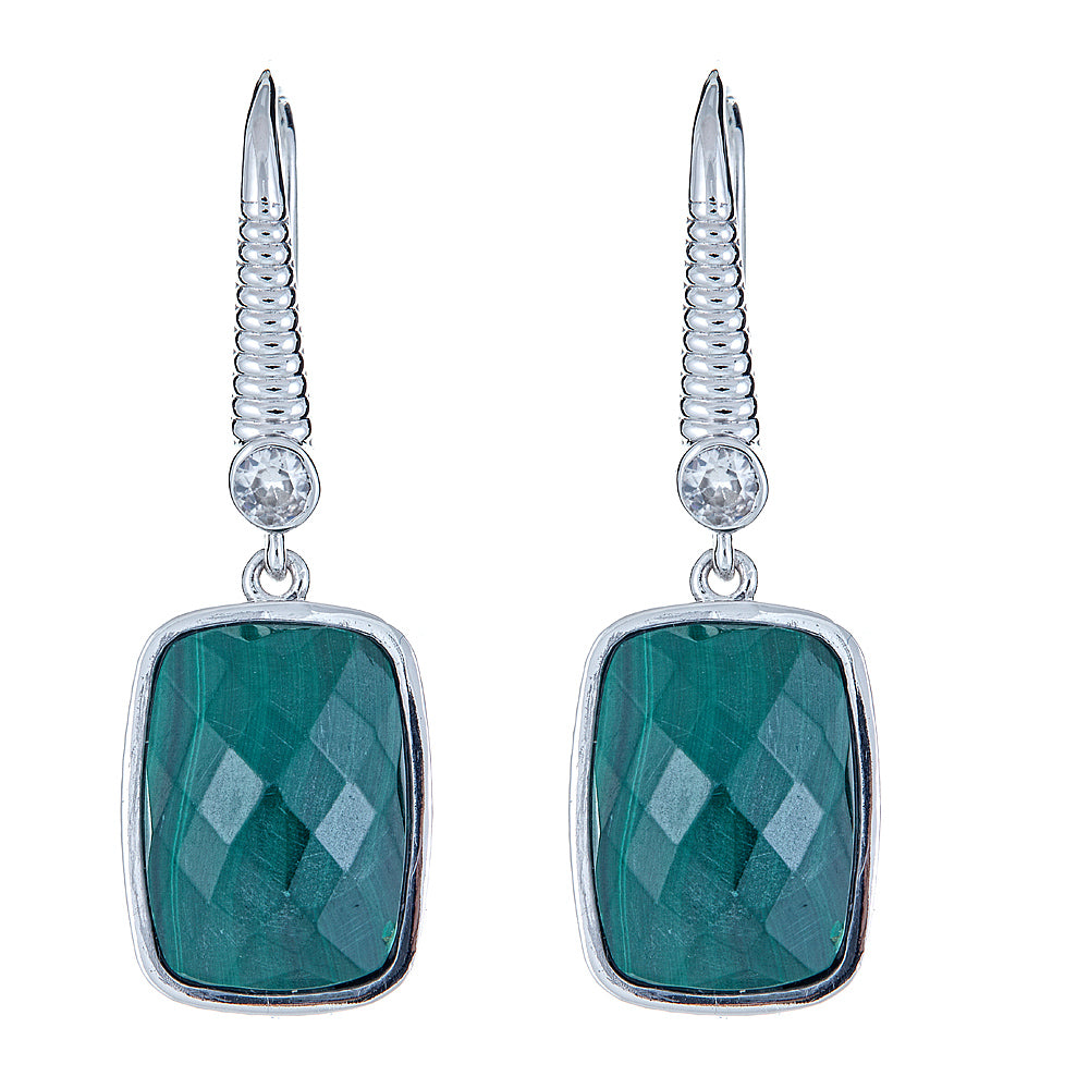 6423 - Malachite with Natural Zircon Sterling Silver Rhodium Earrings - Hilary Joy Couture