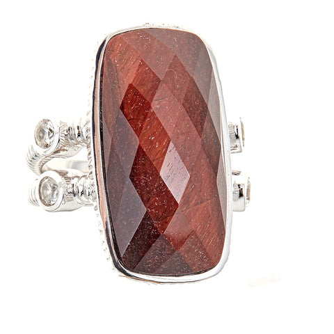 Red Tigers Eye Natural Zircon Sterling Silver Rhodium Large Gemstone Dinner Ring for Women, jewelry gift 