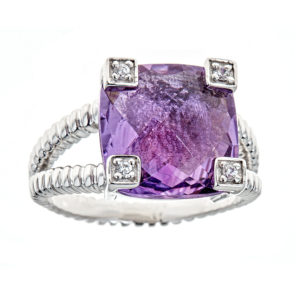 3157 - Amethyst Zircon Rope Textured Sterling Silver Rhodium Ring - Hilary Joy Couture