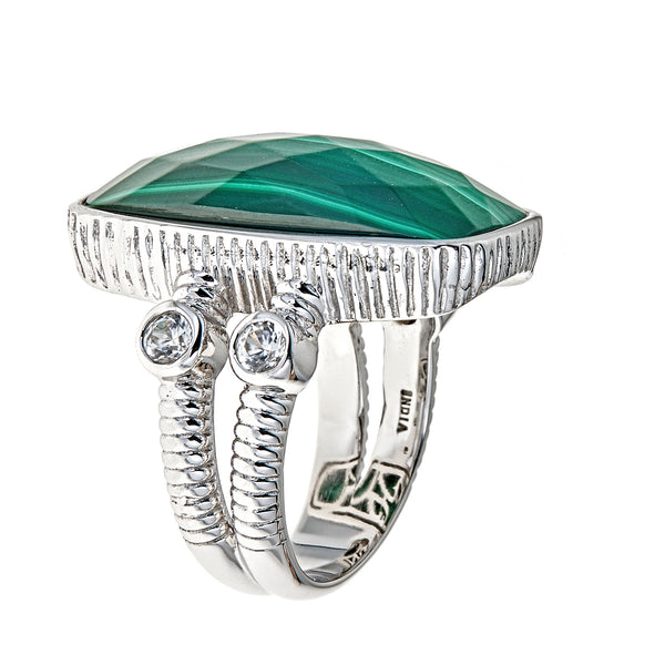 Malachite with Natural Zircon Sterling Silver Rhodium Large Gemstone vintage Dinner Ring for Women, Christmas jewelry gift for girlfriend