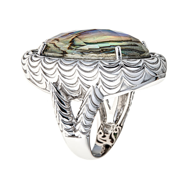 Abalone Doublet Large Gemstone Vintage Cocktail Ring Sterling Silver Rhodium for Women