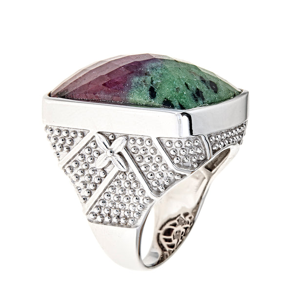 Ruby in Zoisite Large Gemstone Cocktail Ring Sterling Silver Rhodium for Women