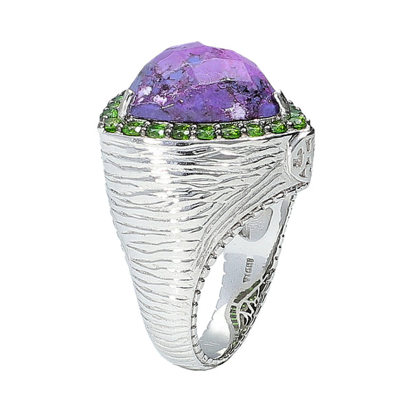 Purple Turquoise and Diopside Statement Cocktail Ring Sterling Silver Rhodium for Women