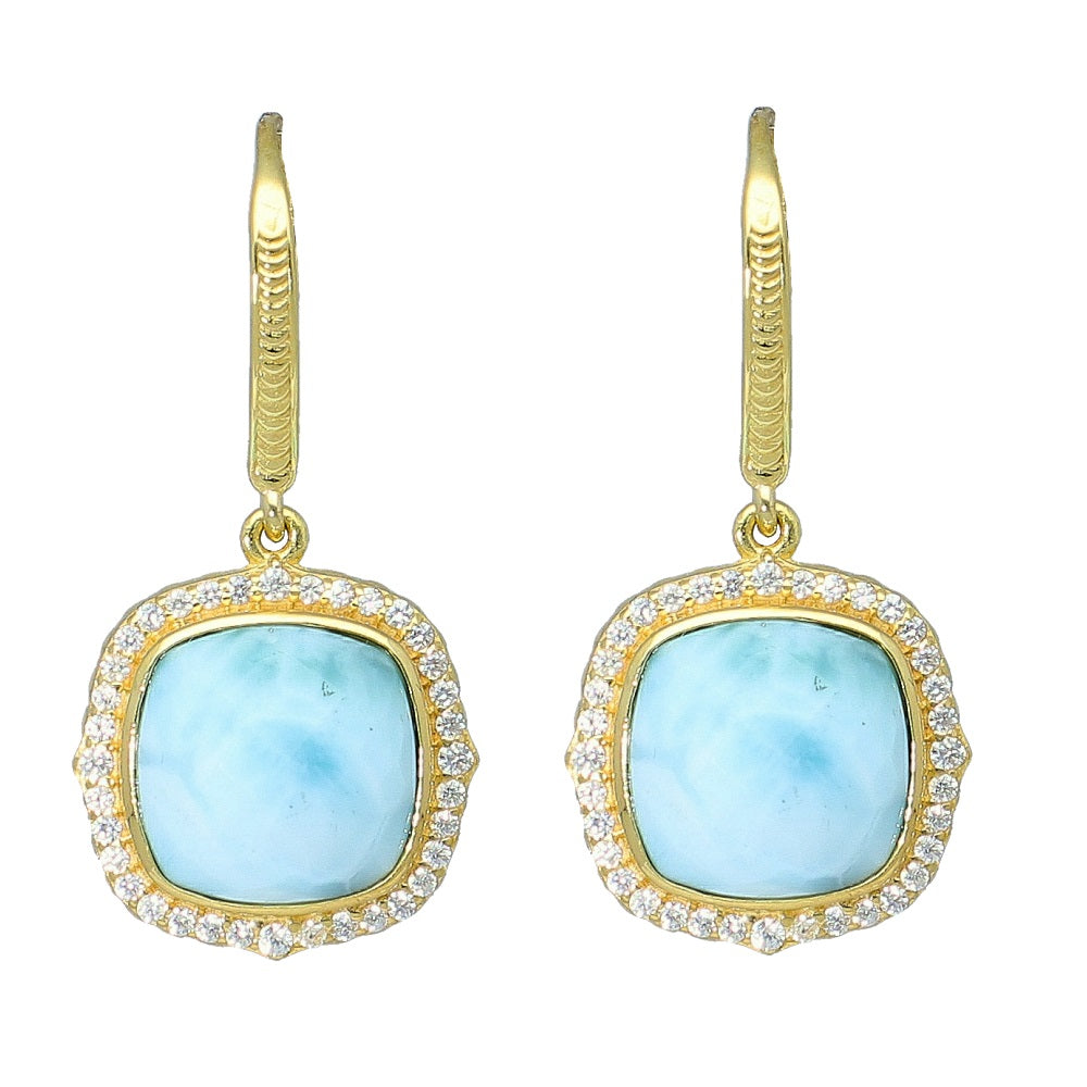 Larimar and Natural Zircon Sterling Silver Gold Plated Unique Square Drop Earrings, christmas jewelry gift for girlfriend