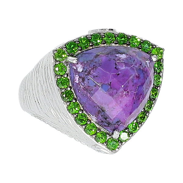 Stabilized Purple Turquoise with Chrome Diopside Sterling Silver Rhodium Large Gemstone Statement Ring for Women, cocktail ring for ladies 