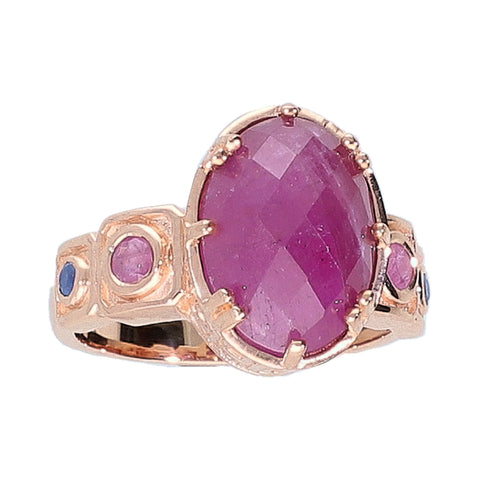 Pink Sapphire and Blue Sapphire Sterling Silver Rose Gold Unique Statement Ring, large cocktail ring for ladies
