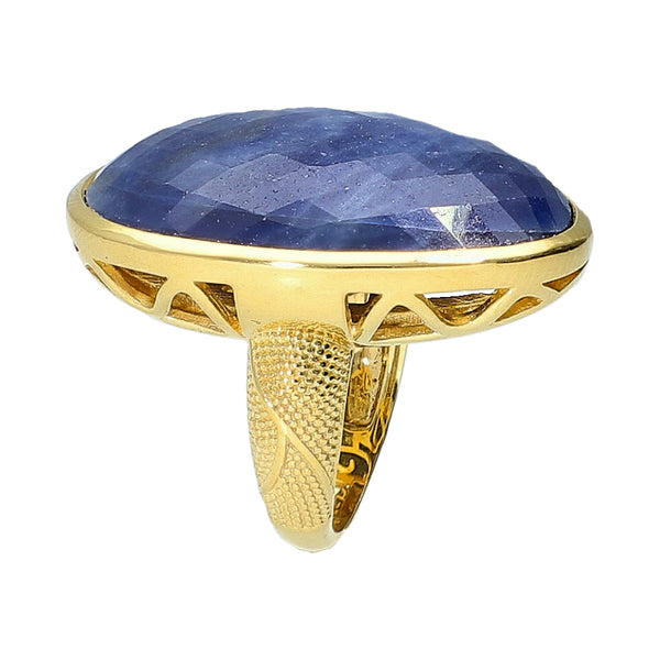 Blue Sapphire Large Gemstone Cocktail Ring Sterling Silver Gold Plated for Women
