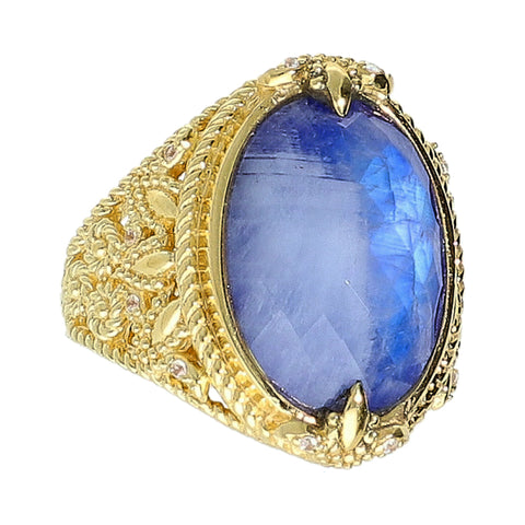 Rainbow Moonstone Doublet Lapis with Natural Zircon Sterling Silver Gold Plated Large Gemstone Cocktail Ring, large gemstone jewelry gjift