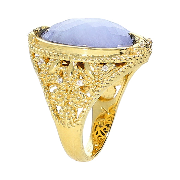 Rainbow Moonstone Doublet Lapis with Natural Zircon Sterling Silver Gold Plated Ring