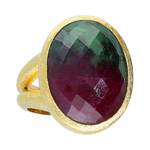 Ruby in Zoisite Sterling Sand Textured Sterling Silver Gold Plated Large Gemstone Cocktail Ring, statement fashion ring for ladies
