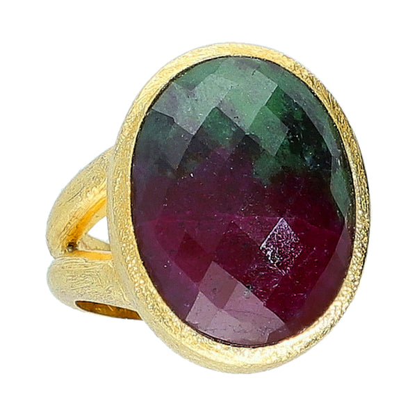 Ruby in Zoisite Sterling Sand Textured Sterling Silver Gold Plated Ring