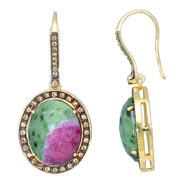Ruby in Zoisite and Champagne Zircon Sterling Silver Gold Plated Earrings