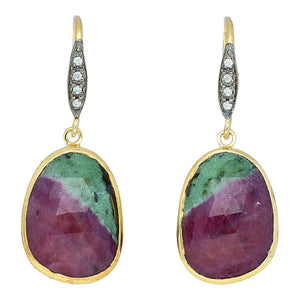 Ruby in Zoisite with Natural Zircon Sterling Silver Gold Plated Earrings