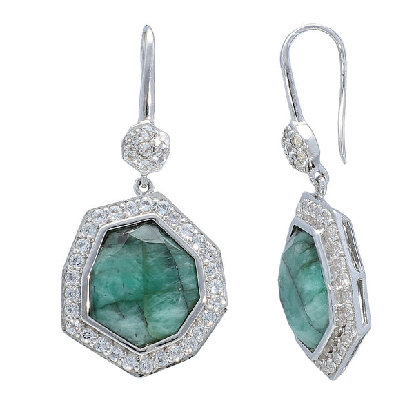 Emerald and White Topaz Sterling Silver Rhodium Earrings