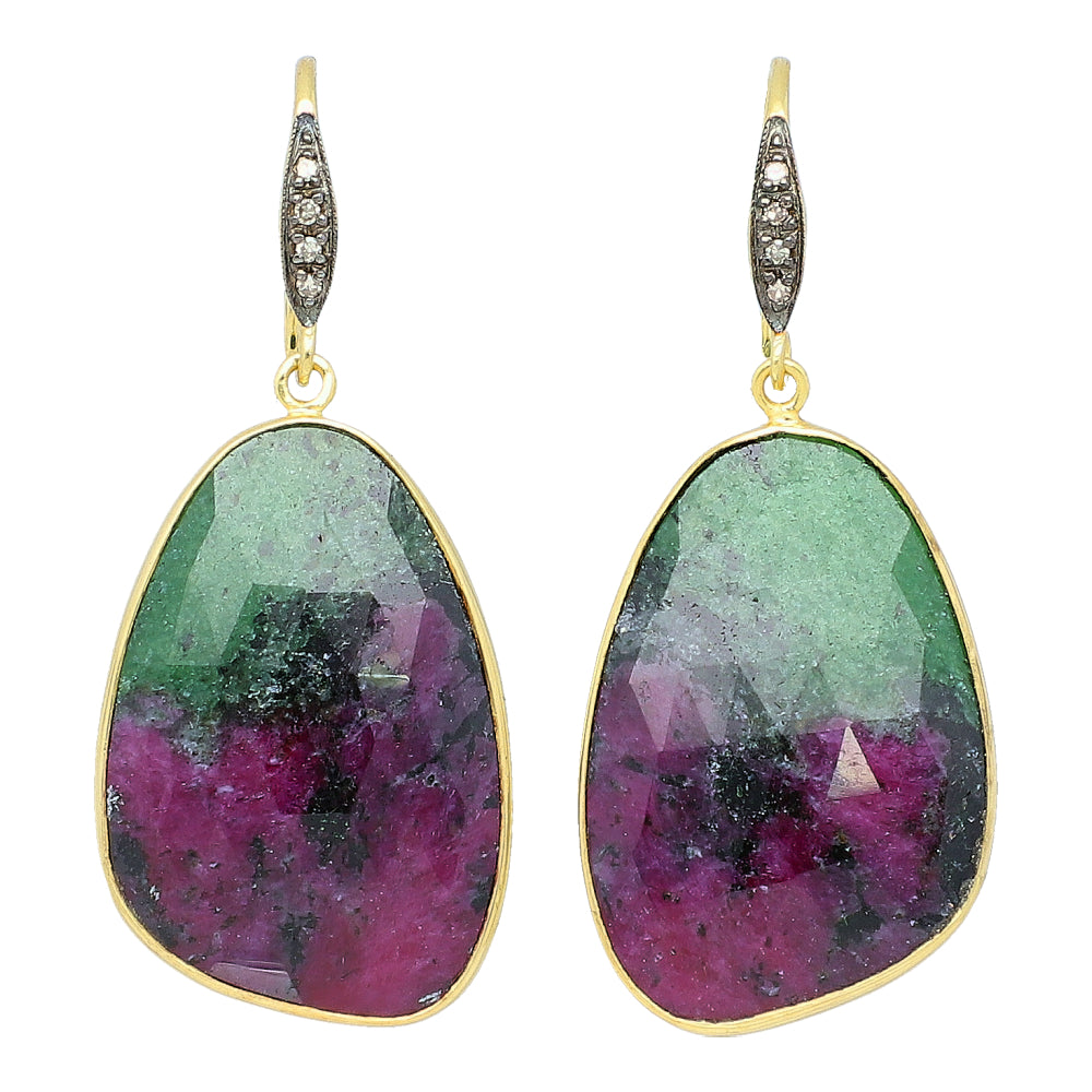 Ruby in Zoisite and Champagne Diamond Sterling Silver Gold Plated Earrings