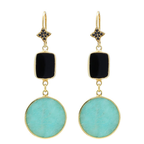 Black Onyx and Amazonite Unique Dangle Earrings Sterling Silver Gold Plated, double drop earrings