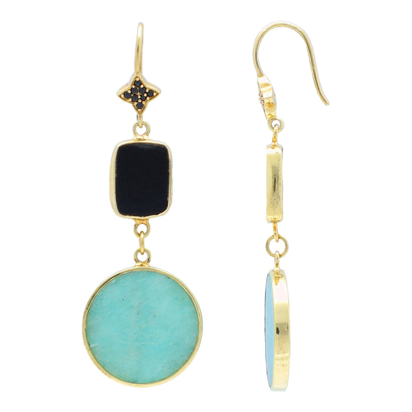 Black Onyx and Amazonite Unique Dangle Earrings Sterling Silver Gold Plated