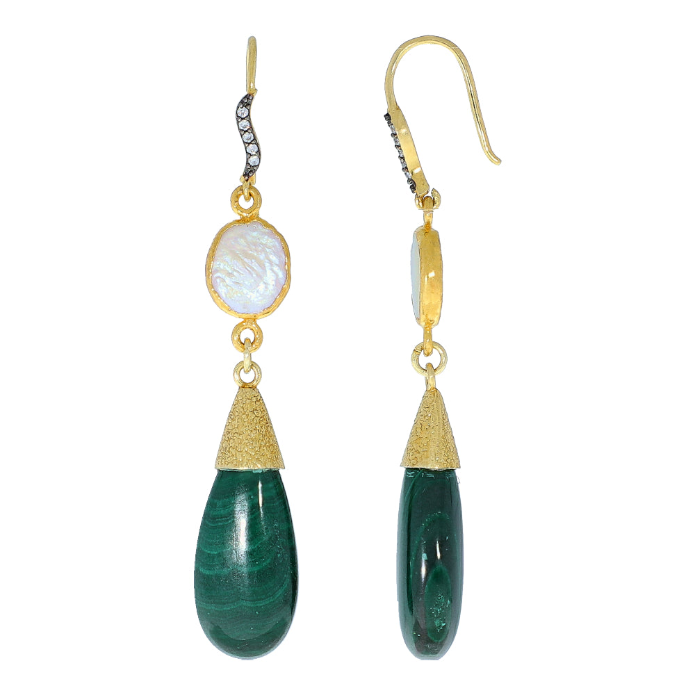 Malachite Fresh Water Pearl and Natural Zircon Sterling Silver Gold Plated Earrings