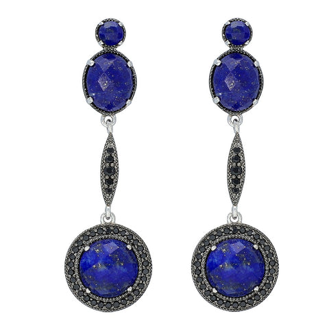 Lapis Lazuli and Black Spinel Unique Sterling Silver Rhodium Gemstone Dangle Earrings, boho earrings