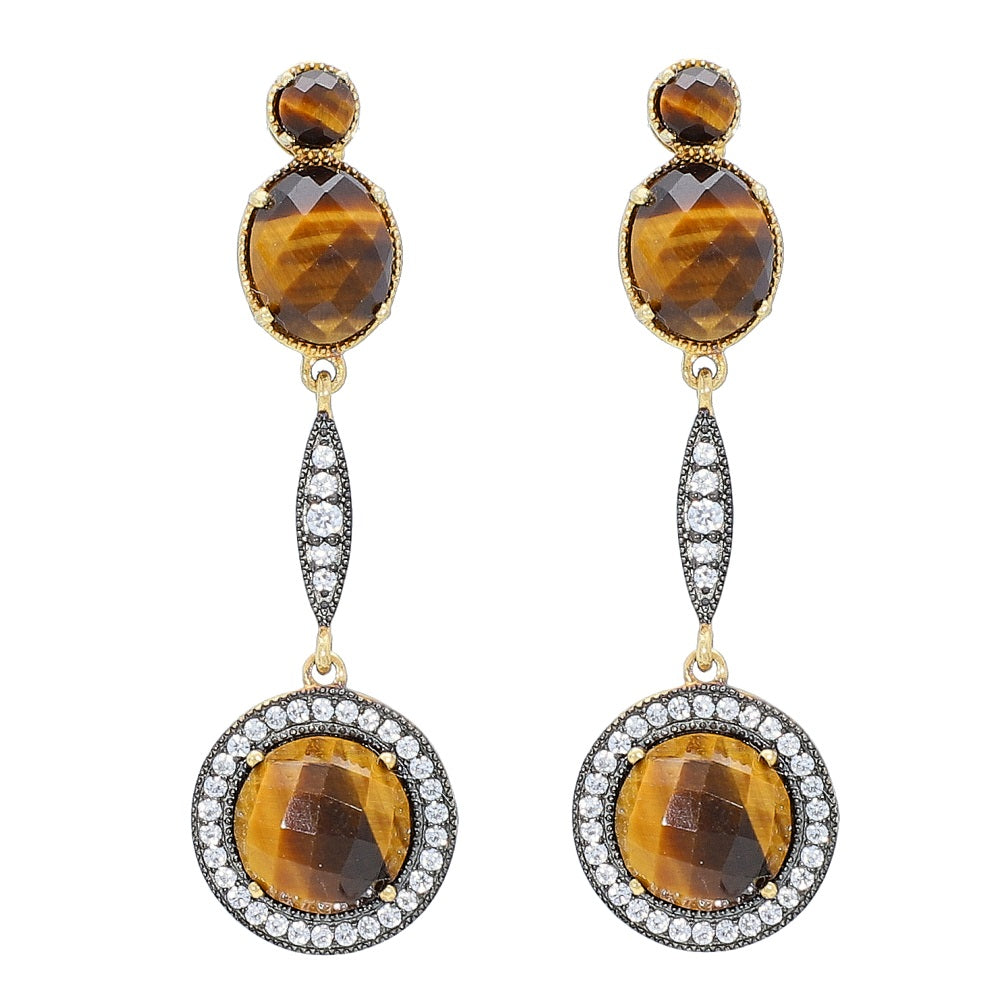 Tiger Eye and Natural Zircon Sterling Silver Gold Plated Earrings