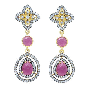 Pink Sapphire and Natural Zircon Sterling Silver Gold Plated Double Drop Unique Fashion Earrings, christmas jewelry gift for wife