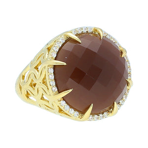 Caramel Moonstone Natural Zircon Sterling Silver Gold Plated Statement Cocktail Ring for ladies, jewelry gift, 