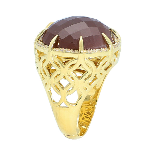 Brown Moonstone Statement Cocktail Ring Sterling Silver Gold Plated for Ladies