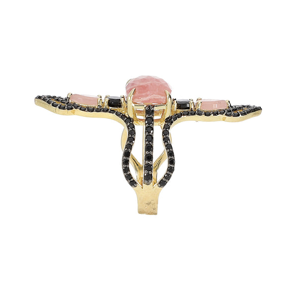 Rhodochrosite Pear Peruvian Pink Opal and Black Spinel Sterling Silver Gold Plated Ring