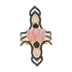Rhodochrosite Pear Peruvian Pink Opal and Black Spinel Sterling Silver Gold Plated Statement Dinner Ring for ladies, jewelry gift