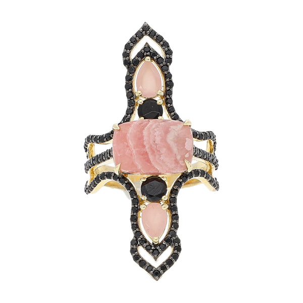 Rhodochrosite Pear Peruvian Pink Opal and Black Spinel Sterling Silver Gold Plated Statement Dinner Ring for ladies, jewelry gift