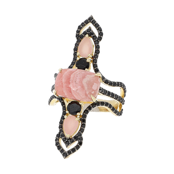 Rhodochrosite and Black Spinel Statement Dinner Ring Sterling Silver Gold Plated for Women