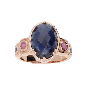 Blue Sapphire and Pink Sapphire Sterling Silver Rose Gold Unique Statement Ring, big stone cocktail ring for ladies and women