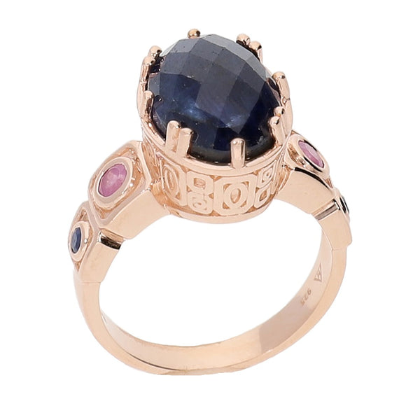 Blue Sapphire Statement Cocktail Ring Sterling Silver Rose Gold for Women