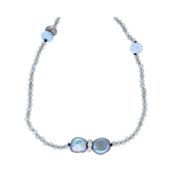 Labradorite and Peacock Pearl Extra Long Gemstone Beaded Necklace Sterling Silver Rhodium