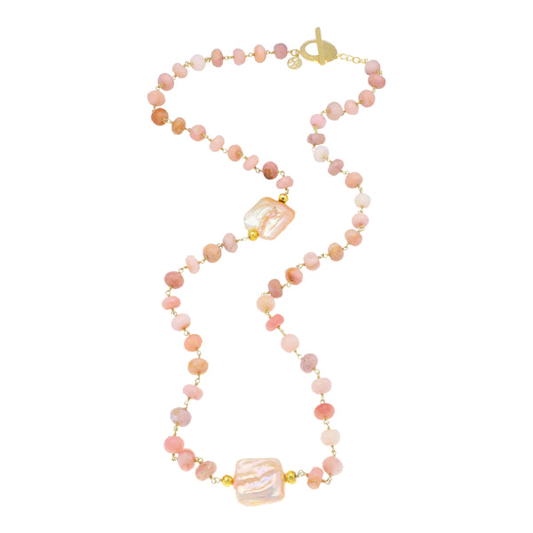 Pink Opal Pink Fresh Water Pearl and Golden Pyrite Sterling Silver Gold Plated 30 Inch Necklace