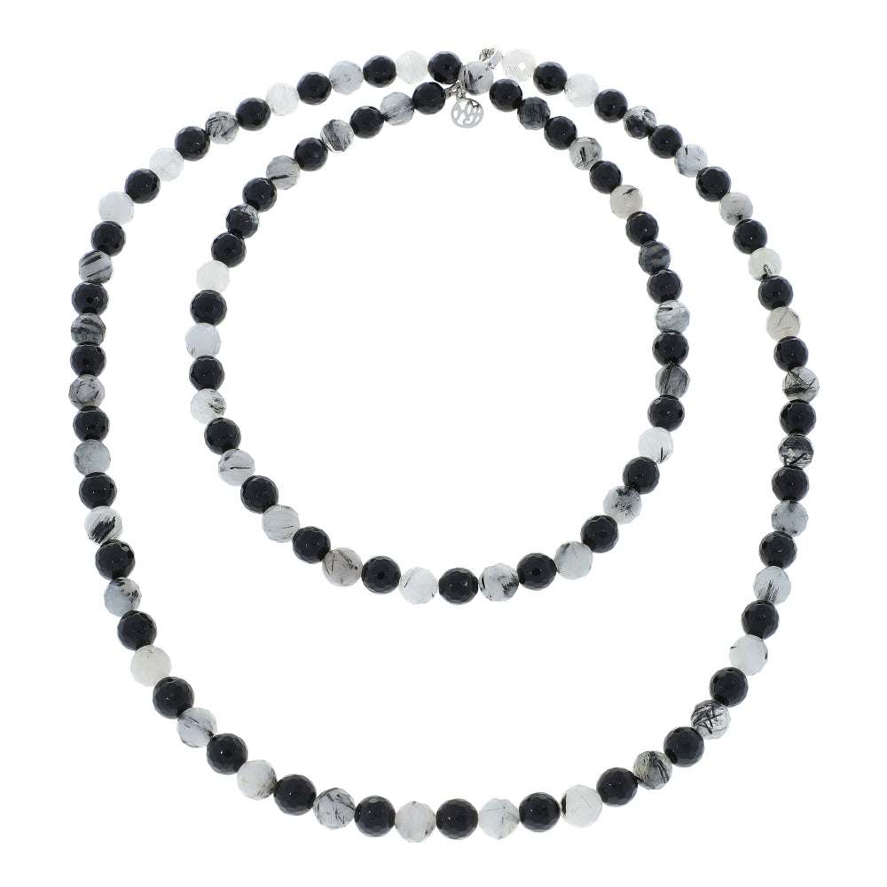 Black Onyx and Black Ruilated Quartz Sterling Silver Rhodium Extra Long Handmade Gemstone Beaded Necklace, extra long ladies necklace
