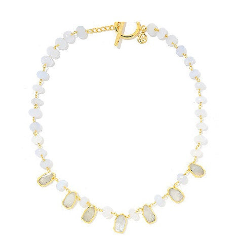 Natural Chalcedony, Rainbow Moonstone Beaded Statement Necklace Sterling Silver Gold Plated, handmade statement neckace